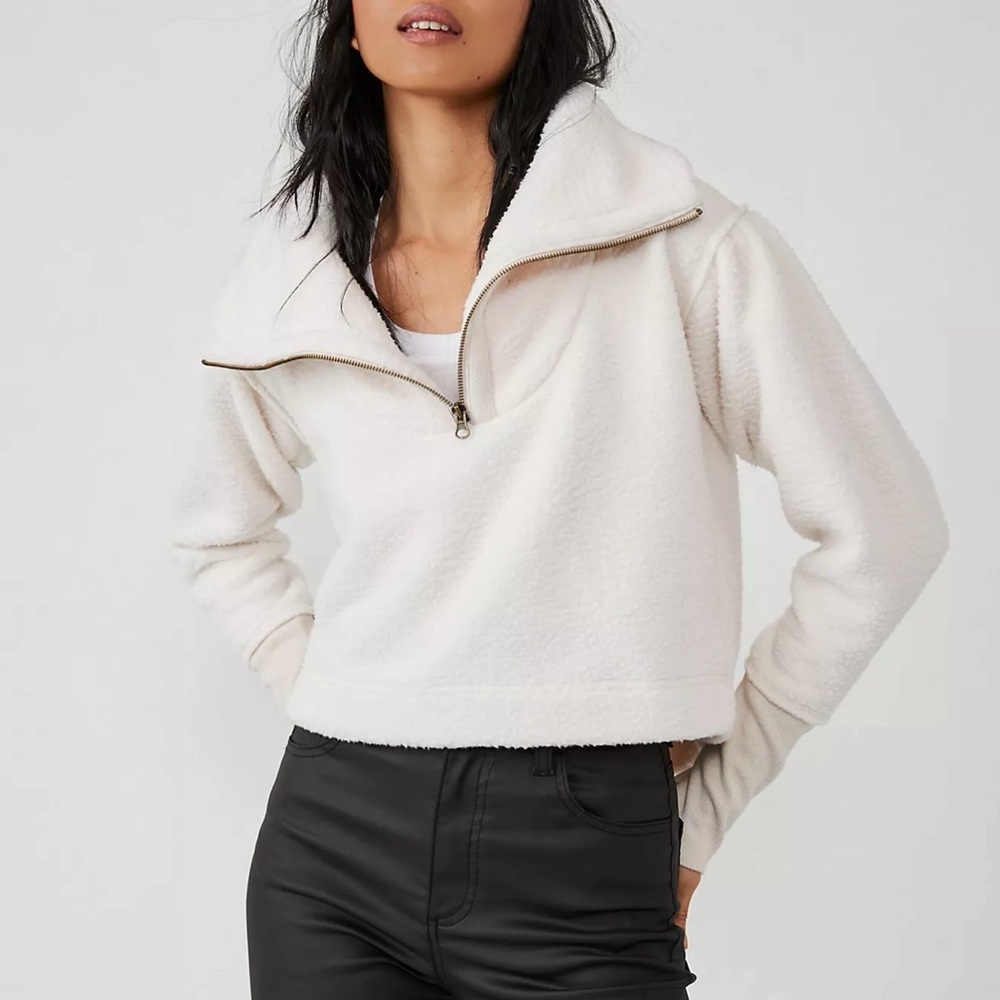 Free People Cream Fleece Half-Zip Pullover